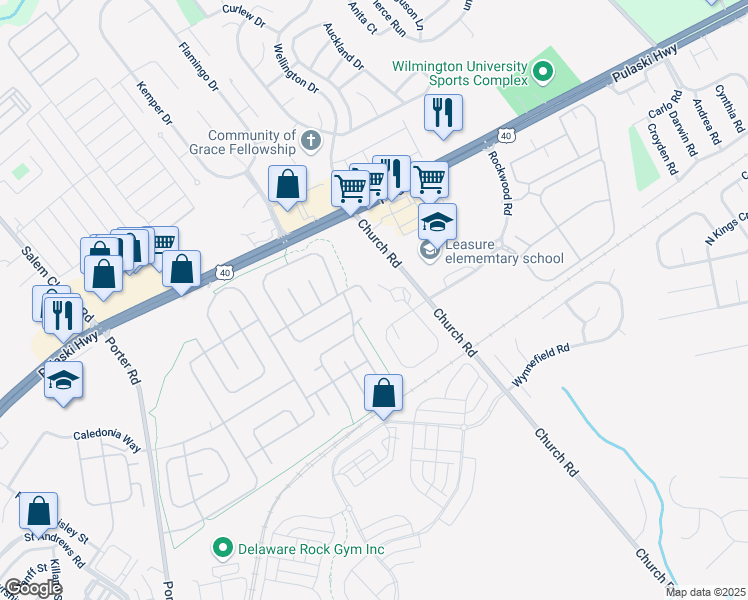 map of restaurants, bars, coffee shops, grocery stores, and more near 1614 Benjamin Court in Bear