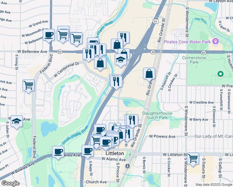 map of restaurants, bars, coffee shops, grocery stores, and more near 5350 West Crestline Avenue in Littleton