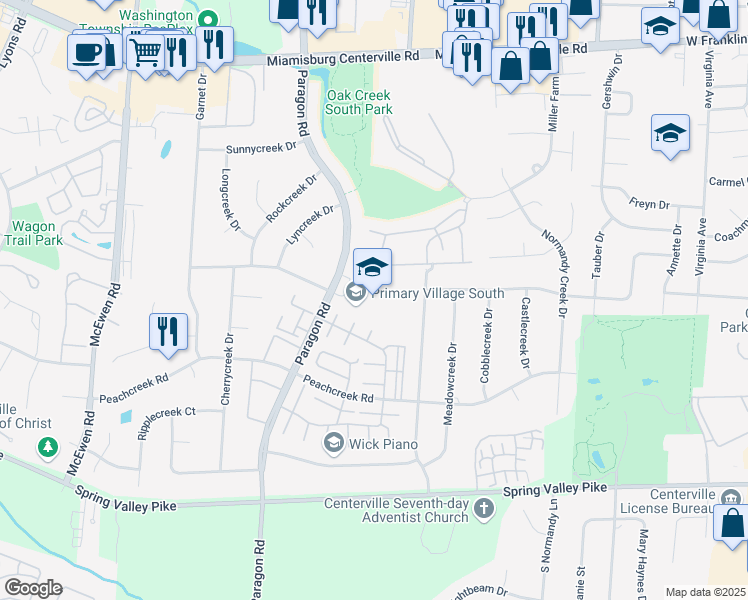 map of restaurants, bars, coffee shops, grocery stores, and more near 8388 Paragon Road in Centerville