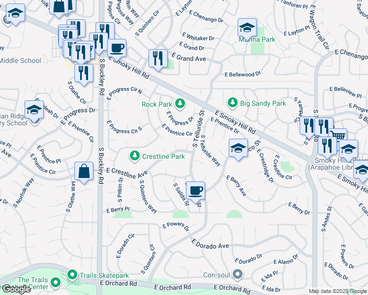 map of restaurants, bars, coffee shops, grocery stores, and more near 5387 South Sedalia Court in Centennial