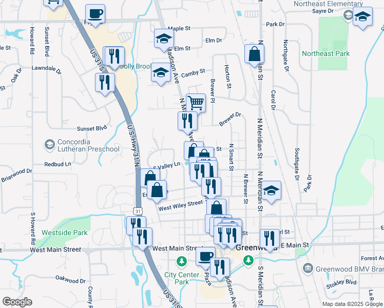 map of restaurants, bars, coffee shops, grocery stores, and more near 384 North Madison Avenue in Greenwood