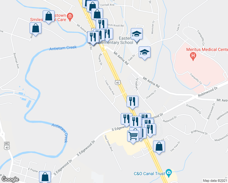 map of restaurants, bars, coffee shops, grocery stores, and more near 1556 Crest View Avenue in Hagerstown