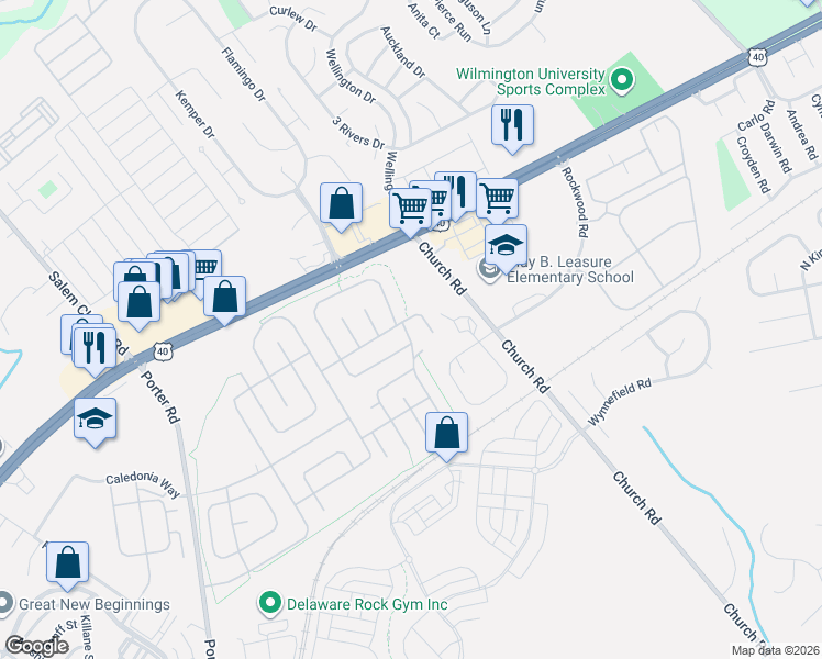 map of restaurants, bars, coffee shops, grocery stores, and more near 2106 Meredith Way in Bear