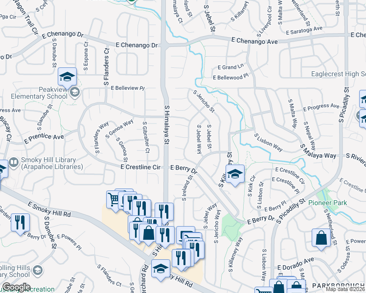 map of restaurants, bars, coffee shops, grocery stores, and more near 5346 South Ireland Way in Centennial