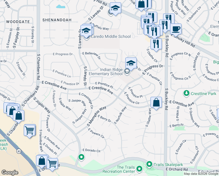 map of restaurants, bars, coffee shops, grocery stores, and more near 16215 East Crestline Place in Centennial