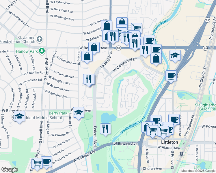 map of restaurants, bars, coffee shops, grocery stores, and more near 2940 West Centennial Drive in Littleton