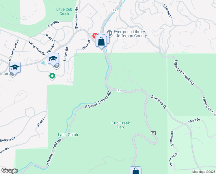 map of restaurants, bars, coffee shops, grocery stores, and more near 5331 County Road 73 in Evergreen