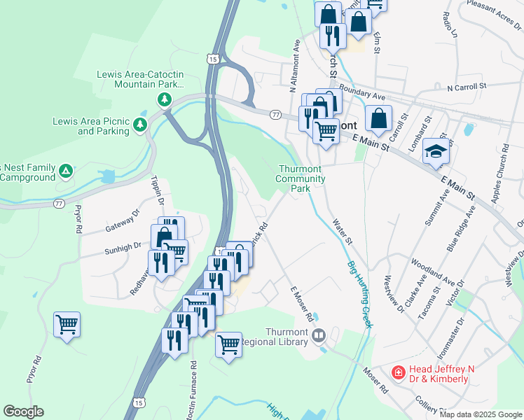 map of restaurants, bars, coffee shops, grocery stores, and more near 1 West Moser Road in Thurmont