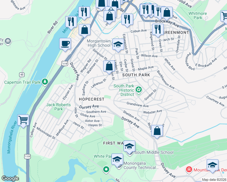 map of restaurants, bars, coffee shops, grocery stores, and more near 36 Logan Avenue in Morgantown