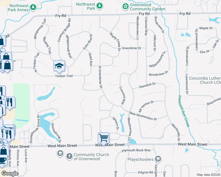 map of restaurants, bars, coffee shops, grocery stores, and more near 1233 Luce Creek Circle in Greenwood