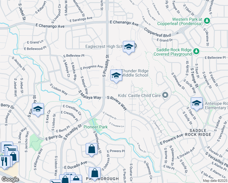 map of restaurants, bars, coffee shops, grocery stores, and more near 5416 South Riviera Way in Aurora