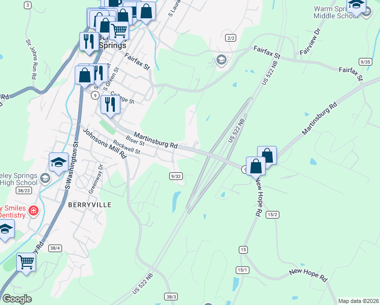 map of restaurants, bars, coffee shops, grocery stores, and more near 615 Martinsburg Road in Berkeley Springs