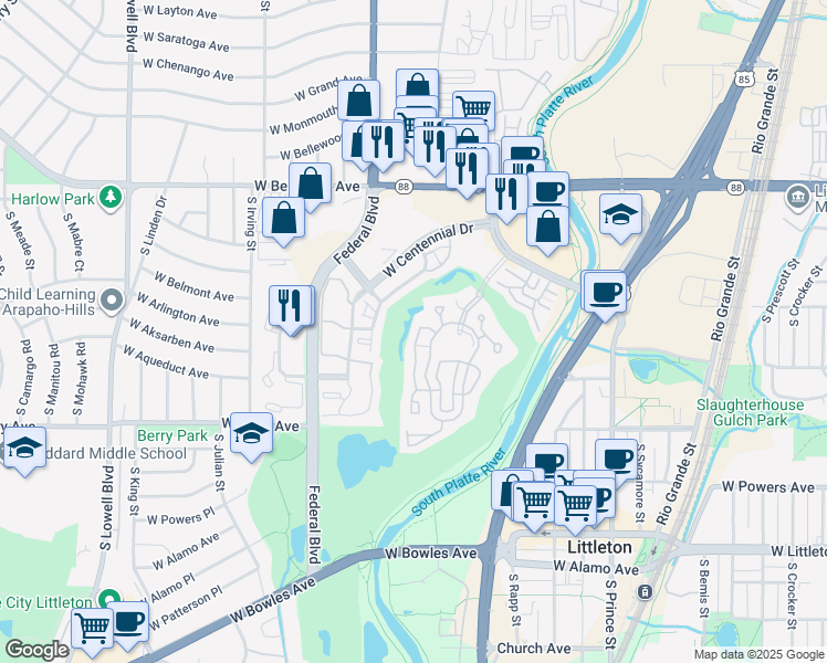 map of restaurants, bars, coffee shops, grocery stores, and more near 2884 West Riverwalk Circle in Littleton