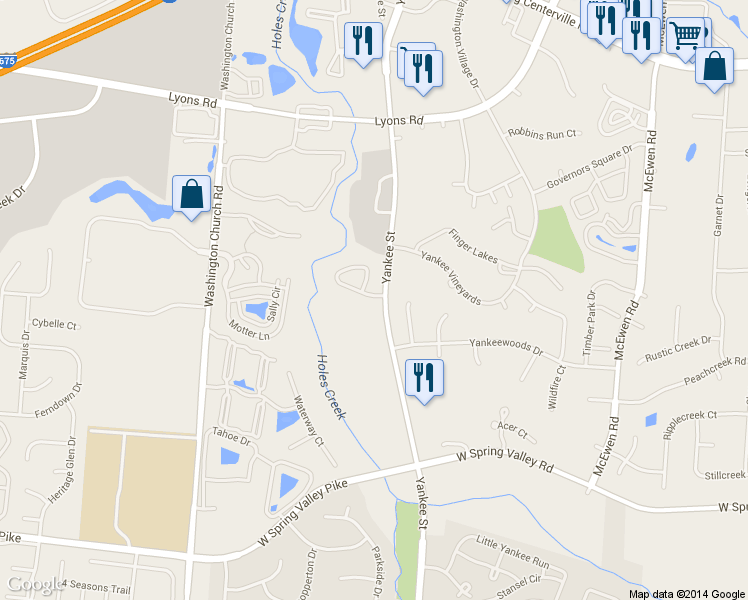 map of restaurants, bars, coffee shops, grocery stores, and more near 1500 Turnberry Village Drive in Dayton