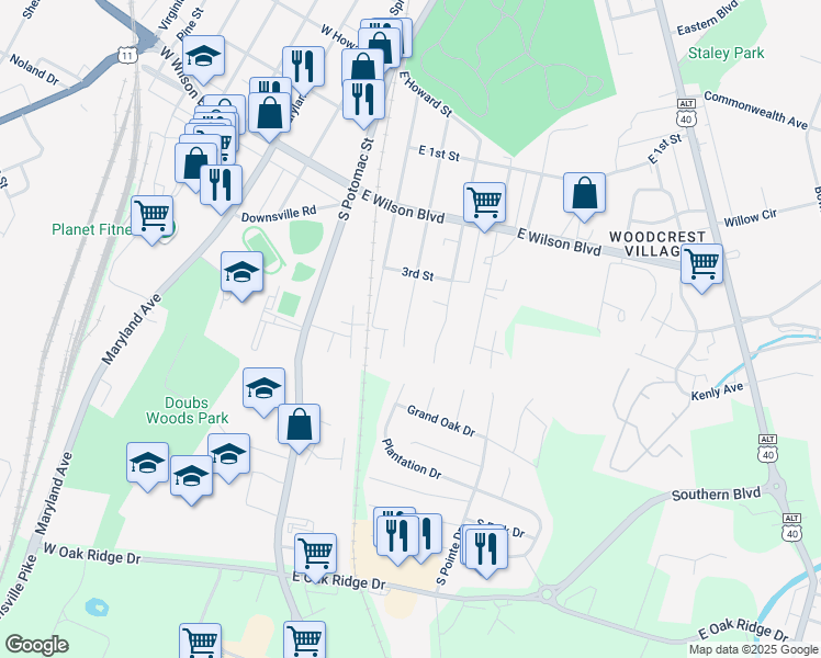 map of restaurants, bars, coffee shops, grocery stores, and more near 1172 Corbett Street in Hagerstown