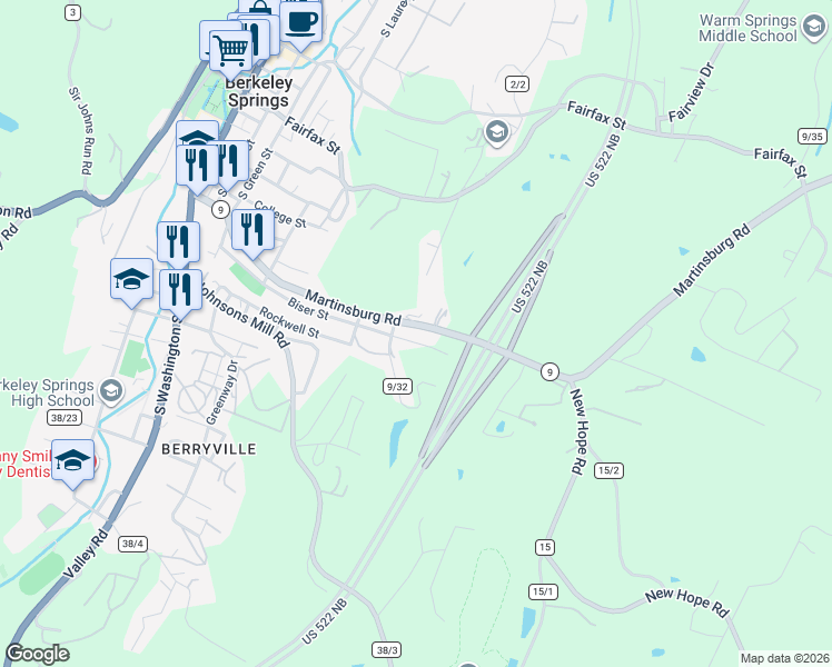 map of restaurants, bars, coffee shops, grocery stores, and more near 615 Martinsburg Road in Berkeley Springs