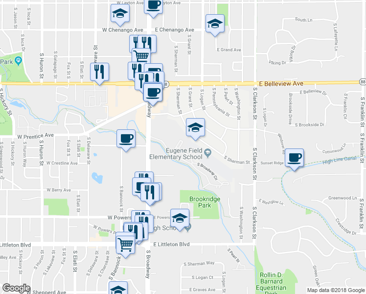 map of restaurants, bars, coffee shops, grocery stores, and more near 5302 South Broadway in Englewood