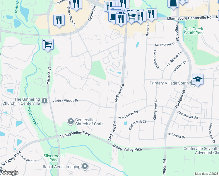 map of restaurants, bars, coffee shops, grocery stores, and more near 1147 Timbertrail Court in Centerville