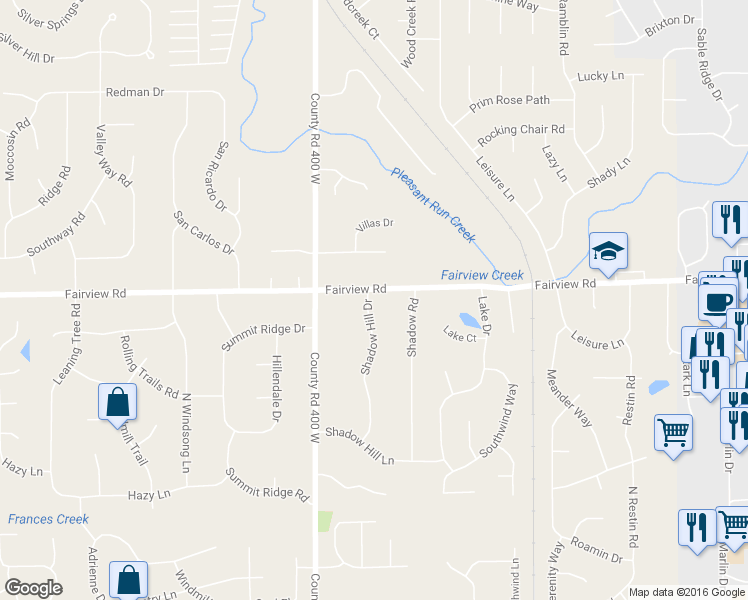 map of restaurants, bars, coffee shops, grocery stores, and more near 3895 Fairview Road in Greenwood