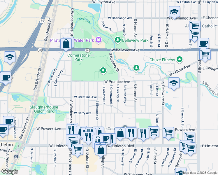 map of restaurants, bars, coffee shops, grocery stores, and more near 5358 South Foresthill Street in Littleton