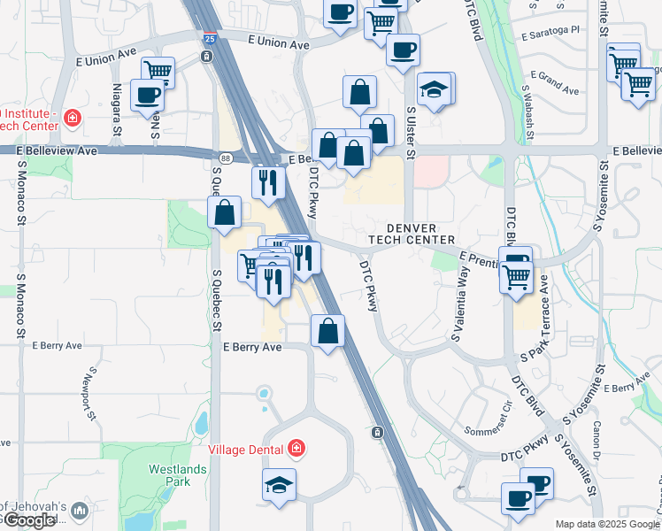 map of restaurants, bars, coffee shops, grocery stores, and more near 5251 DTC Parkway in Greenwood Village