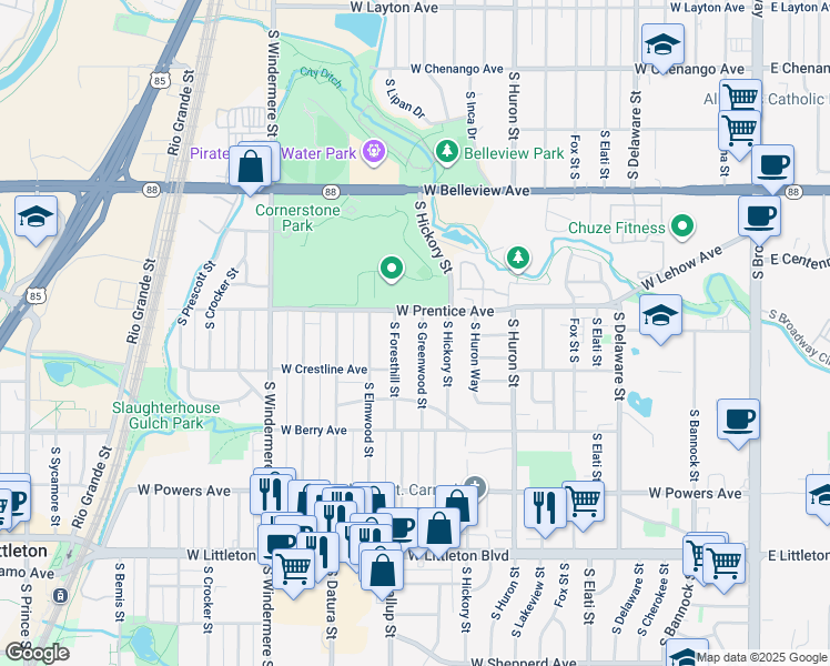 map of restaurants, bars, coffee shops, grocery stores, and more near 5358 South Foresthill Street in Littleton