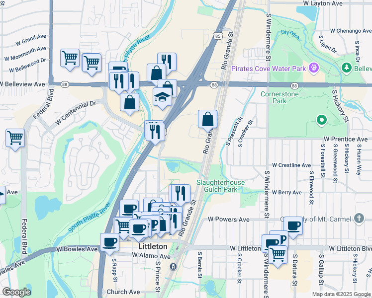 map of restaurants, bars, coffee shops, grocery stores, and more near 5334 South Prince Street in Littleton