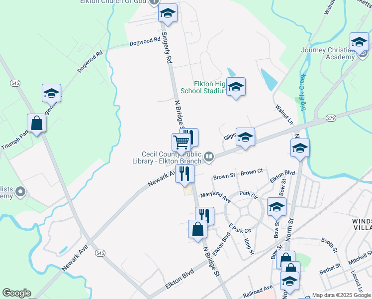 map of restaurants, bars, coffee shops, grocery stores, and more near 802 North Bridge Street in Elkton