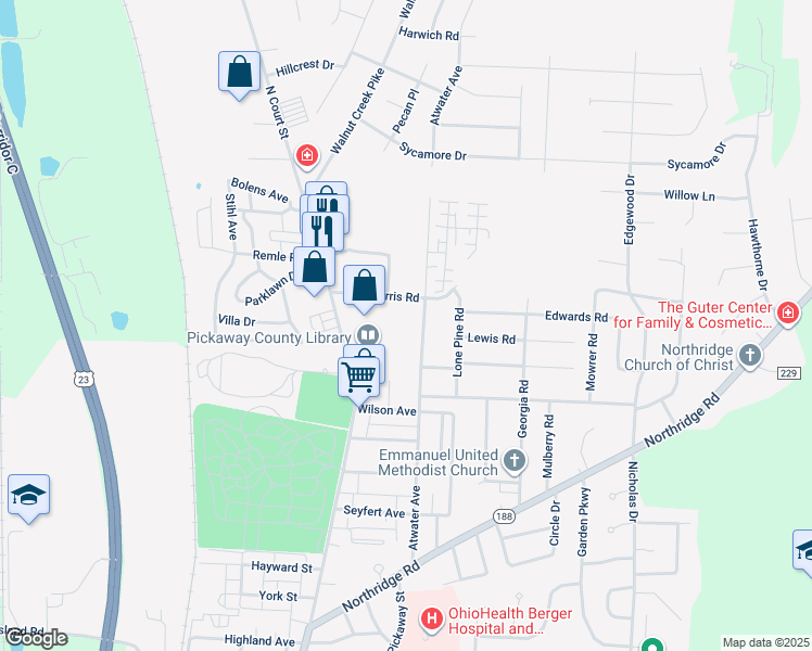 map of restaurants, bars, coffee shops, grocery stores, and more near 1175 Atwater Avenue in Circleville