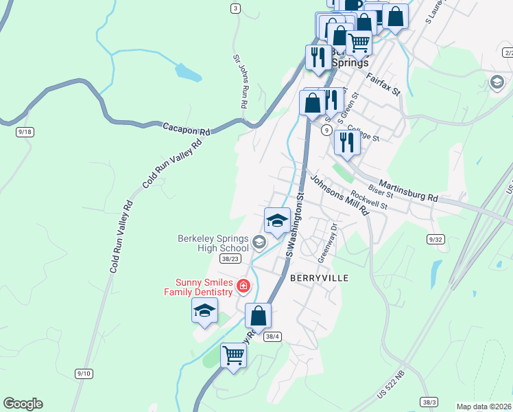 map of restaurants, bars, coffee shops, grocery stores, and more near 15 Touchdown Alley in Berkeley Springs