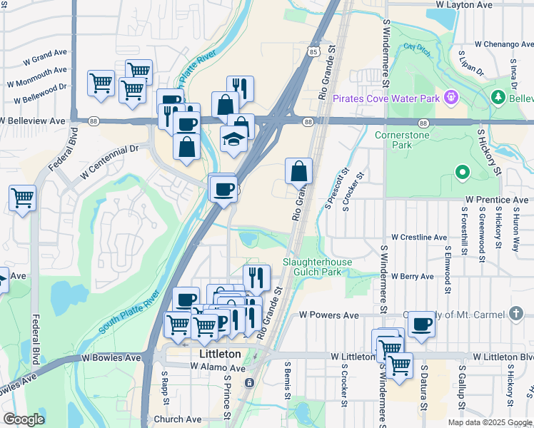 map of restaurants, bars, coffee shops, grocery stores, and more near 5334 South Prince Street in Littleton