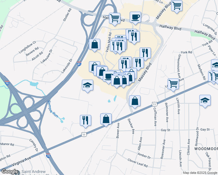 map of restaurants, bars, coffee shops, grocery stores, and more near 17213 Cole Road in Hagerstown