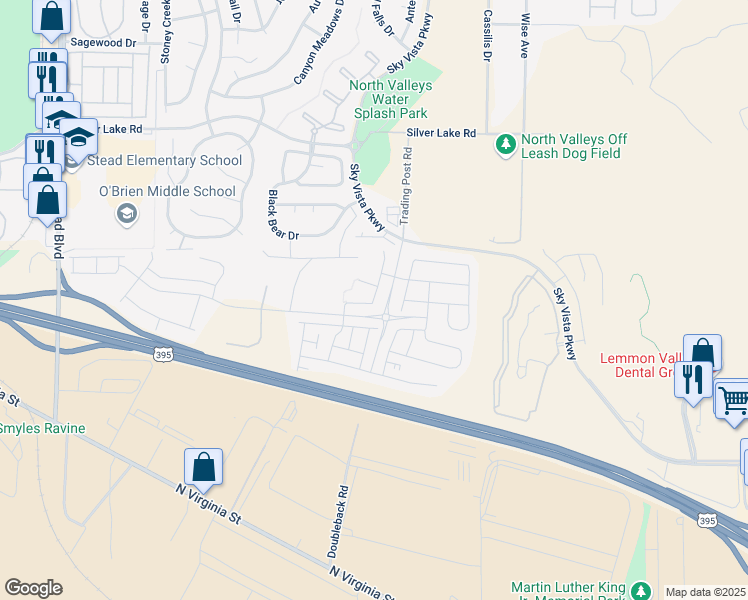 map of restaurants, bars, coffee shops, grocery stores, and more near Aurora View DR in Reno