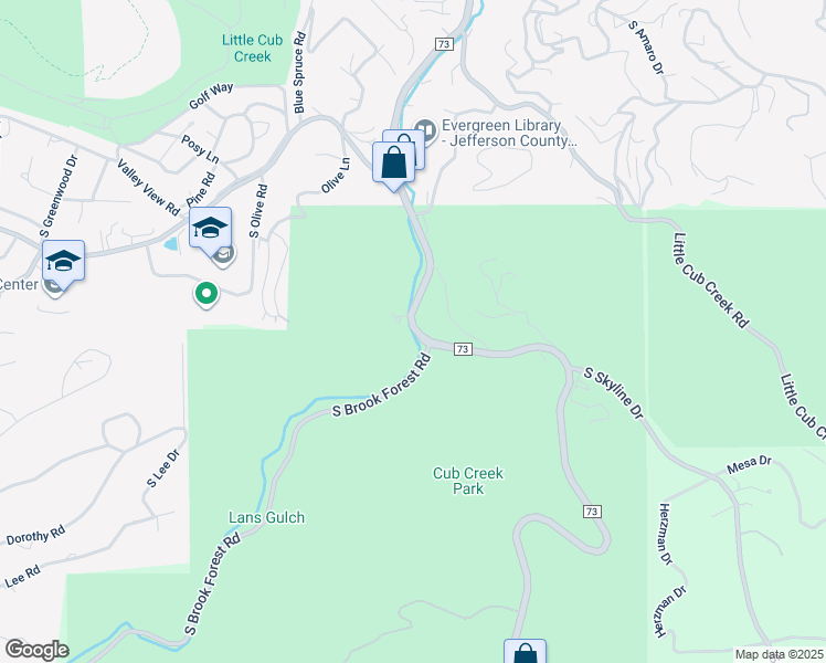 map of restaurants, bars, coffee shops, grocery stores, and more near 5331 County Road 73 in Evergreen