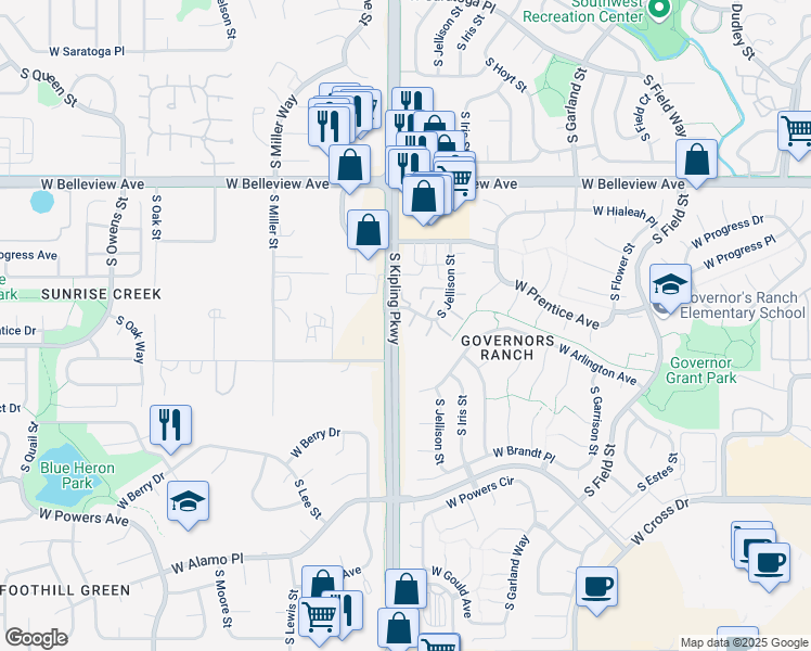 map of restaurants, bars, coffee shops, grocery stores, and more near 5338 South Kipling Parkway in Littleton