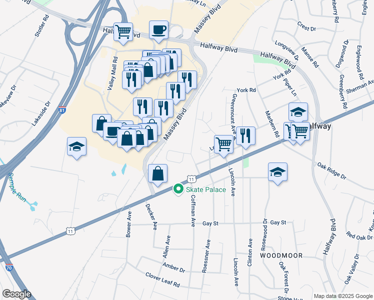 map of restaurants, bars, coffee shops, grocery stores, and more near 11122 Nursery Road in Hagerstown