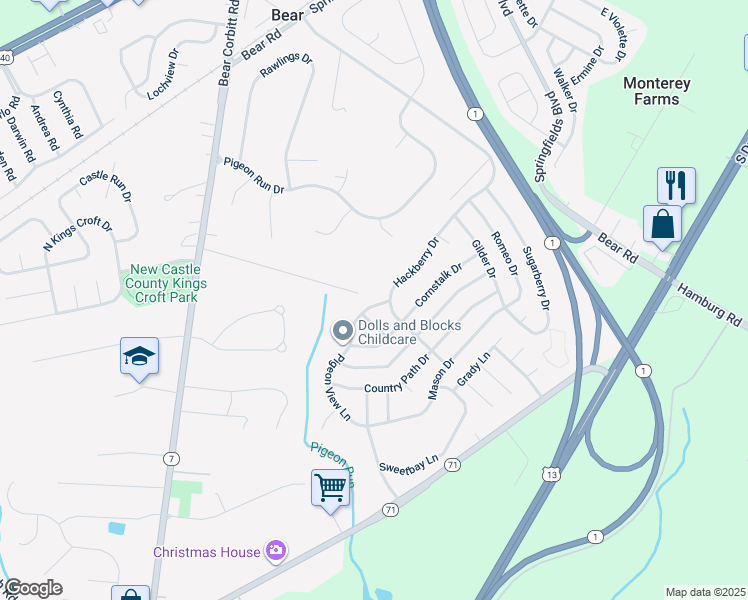 map of restaurants, bars, coffee shops, grocery stores, and more near 404 Pigeon View Lane in New Castle