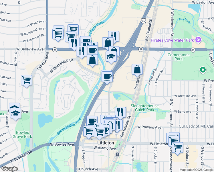 map of restaurants, bars, coffee shops, grocery stores, and more near 5350 South Santa Fe Drive in Littleton