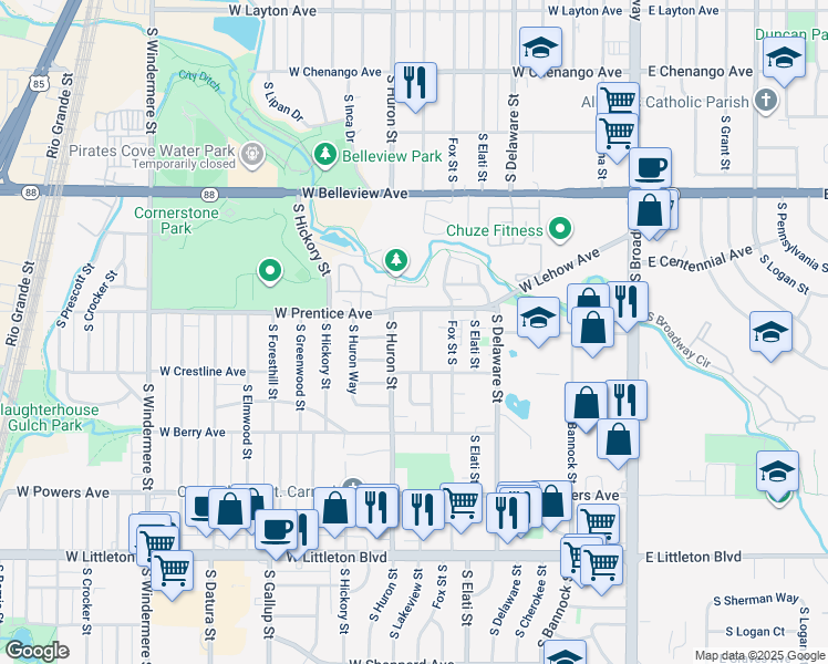 map of restaurants, bars, coffee shops, grocery stores, and more near 5352 South Huron Street in Littleton