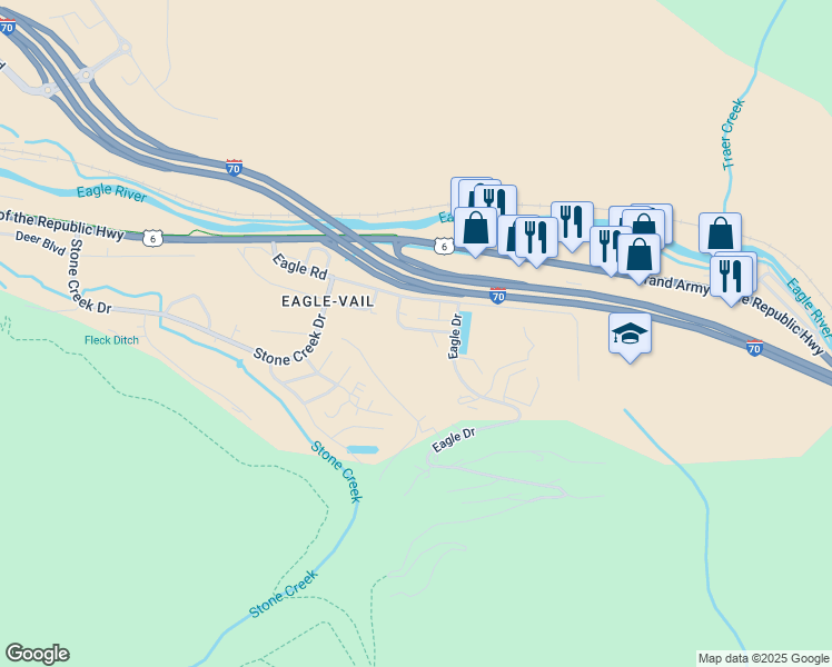 map of restaurants, bars, coffee shops, grocery stores, and more near 54-112 Columbine Circle in Vail