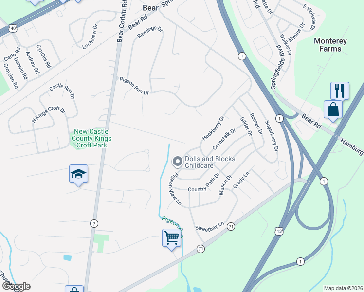 map of restaurants, bars, coffee shops, grocery stores, and more near 412 Pigeon View Lane in New Castle