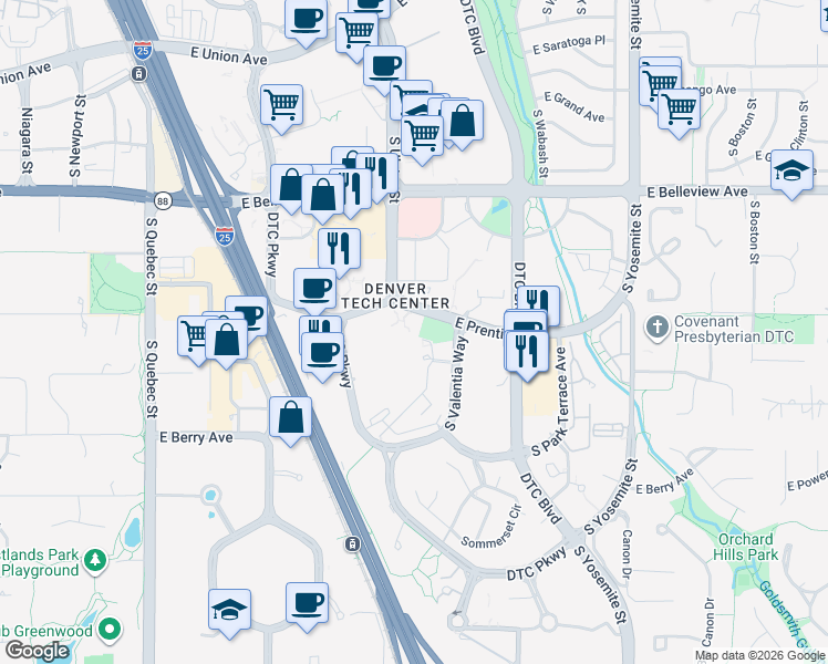 map of restaurants, bars, coffee shops, grocery stores, and more near 8000 East Prentice Avenue in Greenwood Village