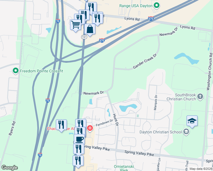 map of restaurants, bars, coffee shops, grocery stores, and more near 3445 Newmark Drive in Miamisburg