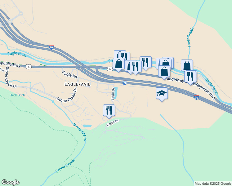 map of restaurants, bars, coffee shops, grocery stores, and more near 99 Eagle Drive in Vail