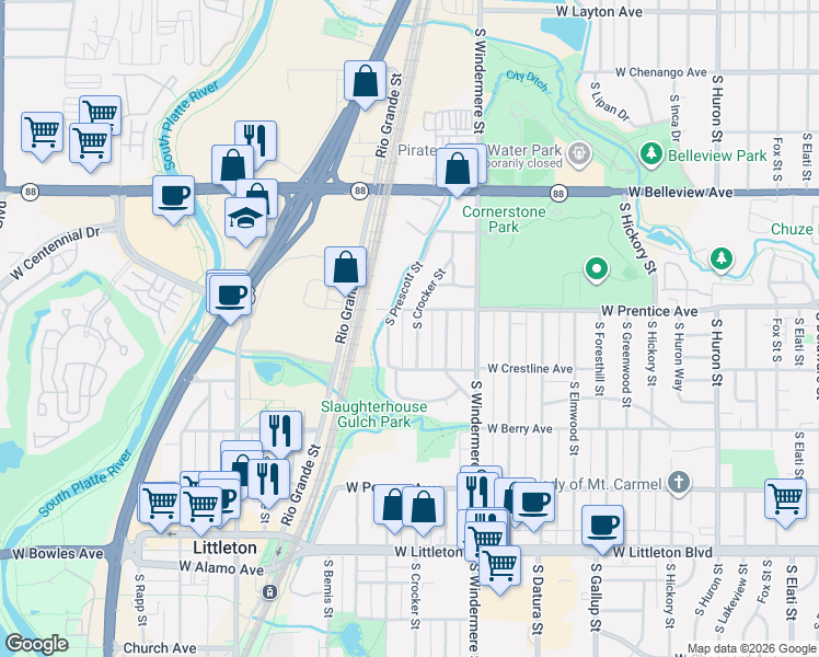 map of restaurants, bars, coffee shops, grocery stores, and more near 5356 South Crocker Street in Littleton