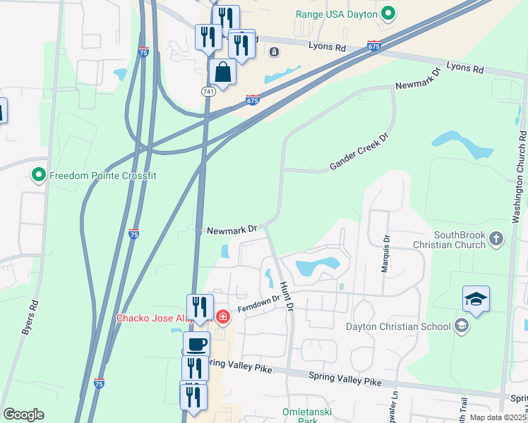 map of restaurants, bars, coffee shops, grocery stores, and more near 3445 Newmark Drive in Miamisburg