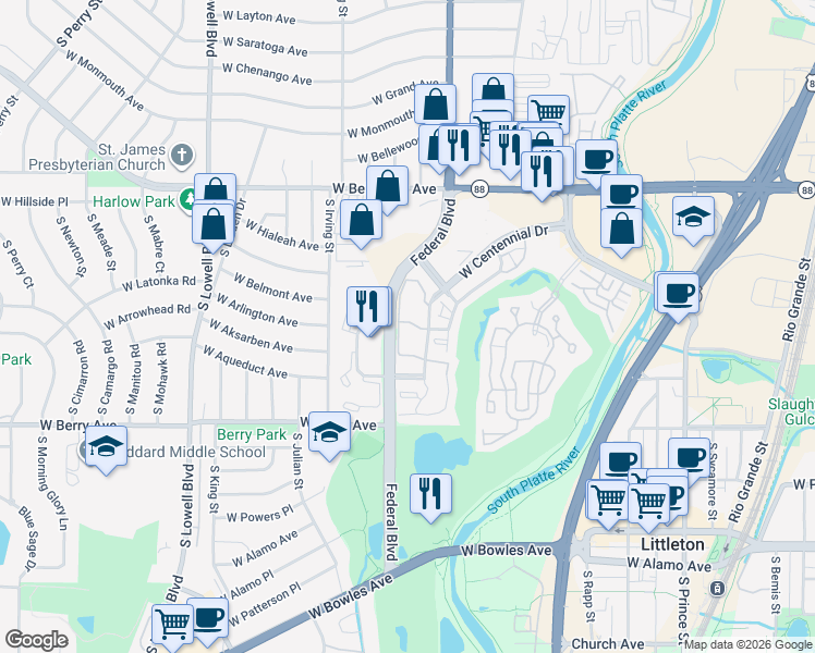 map of restaurants, bars, coffee shops, grocery stores, and more near 2957 West Centennial Drive in Littleton