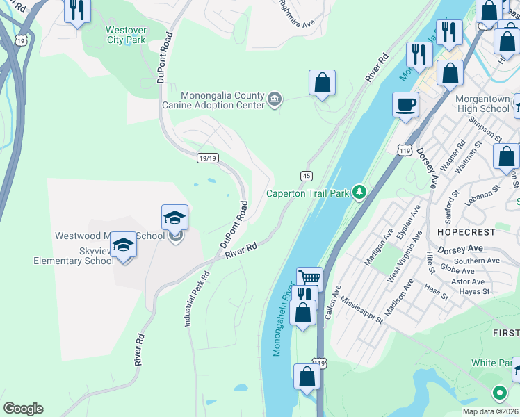 map of restaurants, bars, coffee shops, grocery stores, and more near 154 Bird's Eye View Drive in Morgantown