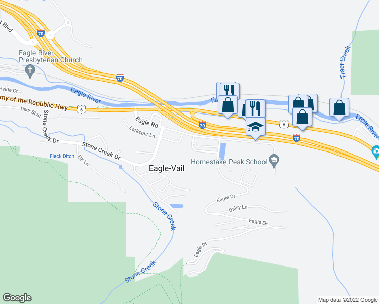 map of restaurants, bars, coffee shops, grocery stores, and more near 54 Columbine Circle in Vail