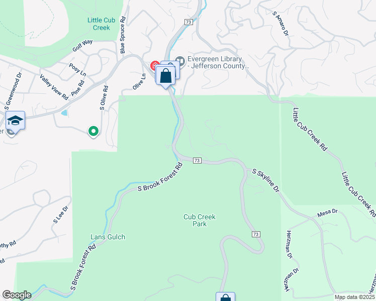 map of restaurants, bars, coffee shops, grocery stores, and more near 5299 South Cubmont Drive in Evergreen